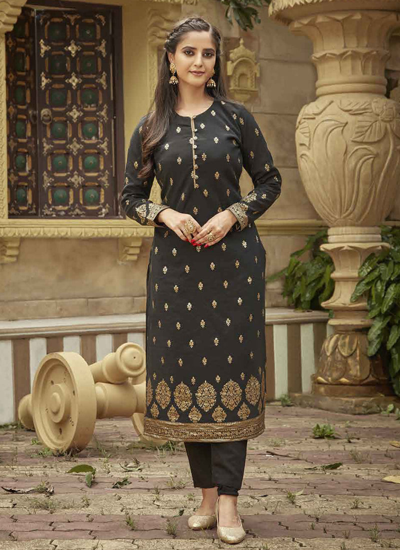 Buy Black Straight Cut Salwar Suit From Khushkar