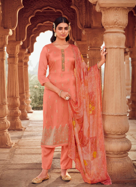 Orange Jacquard Straight Cut Salwar Kameez