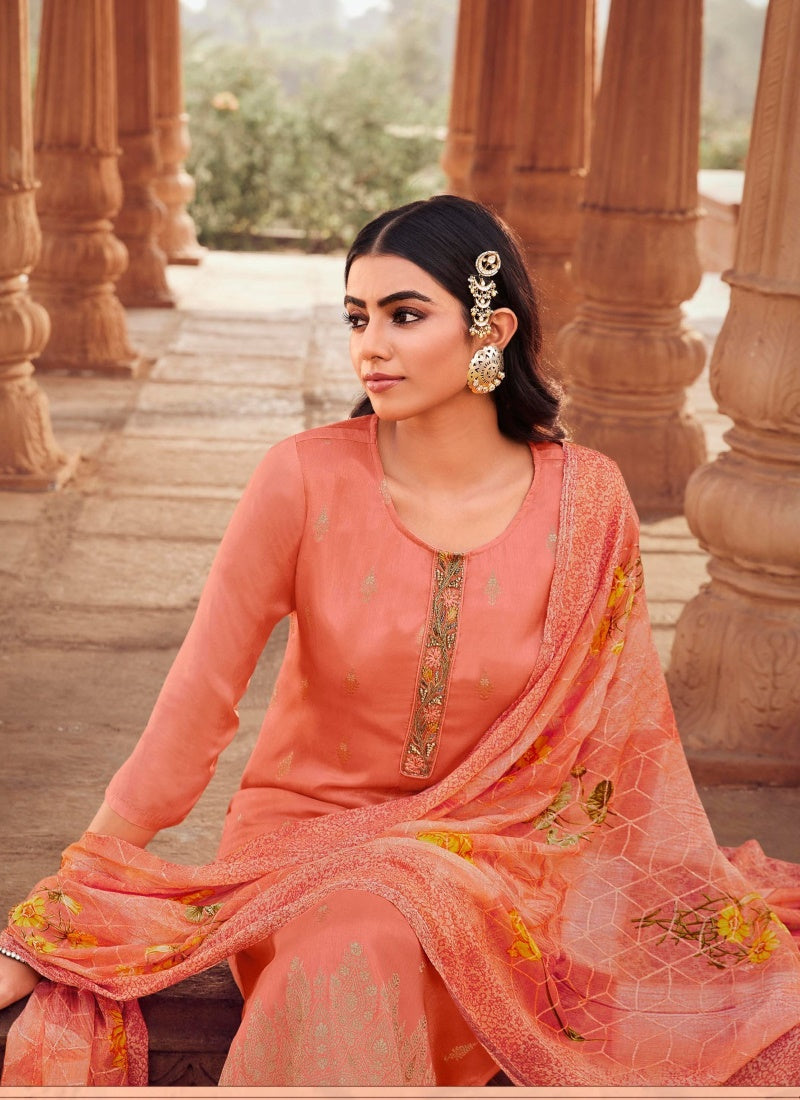 Orange Jacquard Straight Cut Salwar Kameez-2