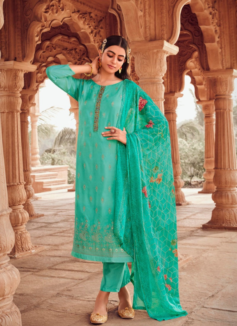 Sea Green Jacquard Straight Cut Salwar Kameez