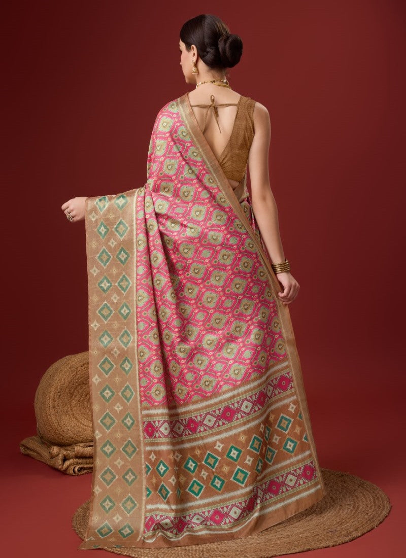 Pink Cotton Saree with Digital Print Work