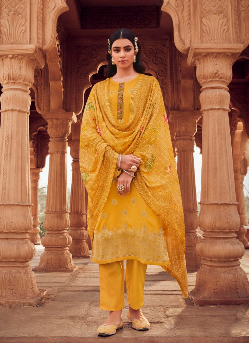 Yellow Jacquard Straight Cut Salwar Kameez-2