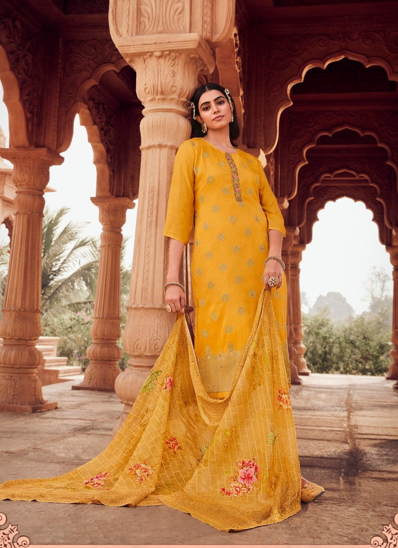 Yellow Jacquard Straight Cut Salwar Kameez