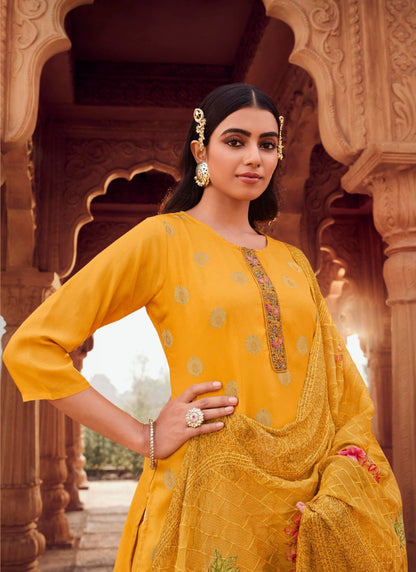 Yellow Jacquard Straight Cut Salwar Kameez-2