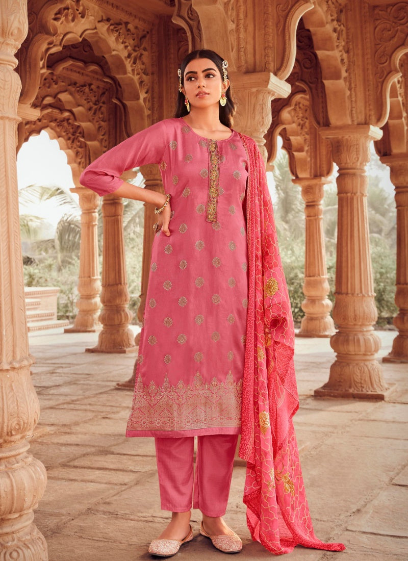 Pink Jacquard Straight Cut Salwar Kameez