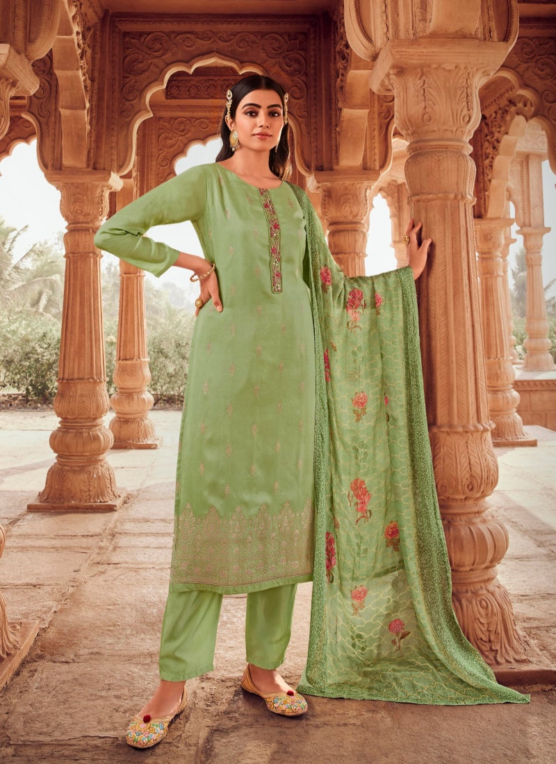 Pista Green Jacquard Straight Cut Salwar Kameez