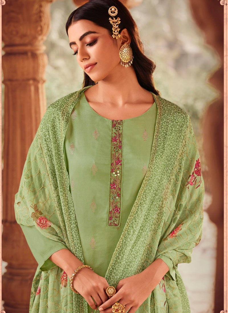 Pista Green Jacquard Straight Cut Salwar Kameez-2