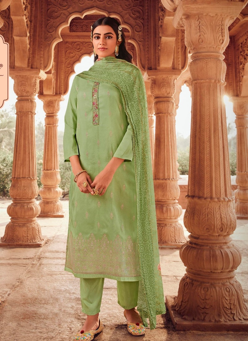 Pista Green Jacquard Straight Cut Salwar Kameez-2