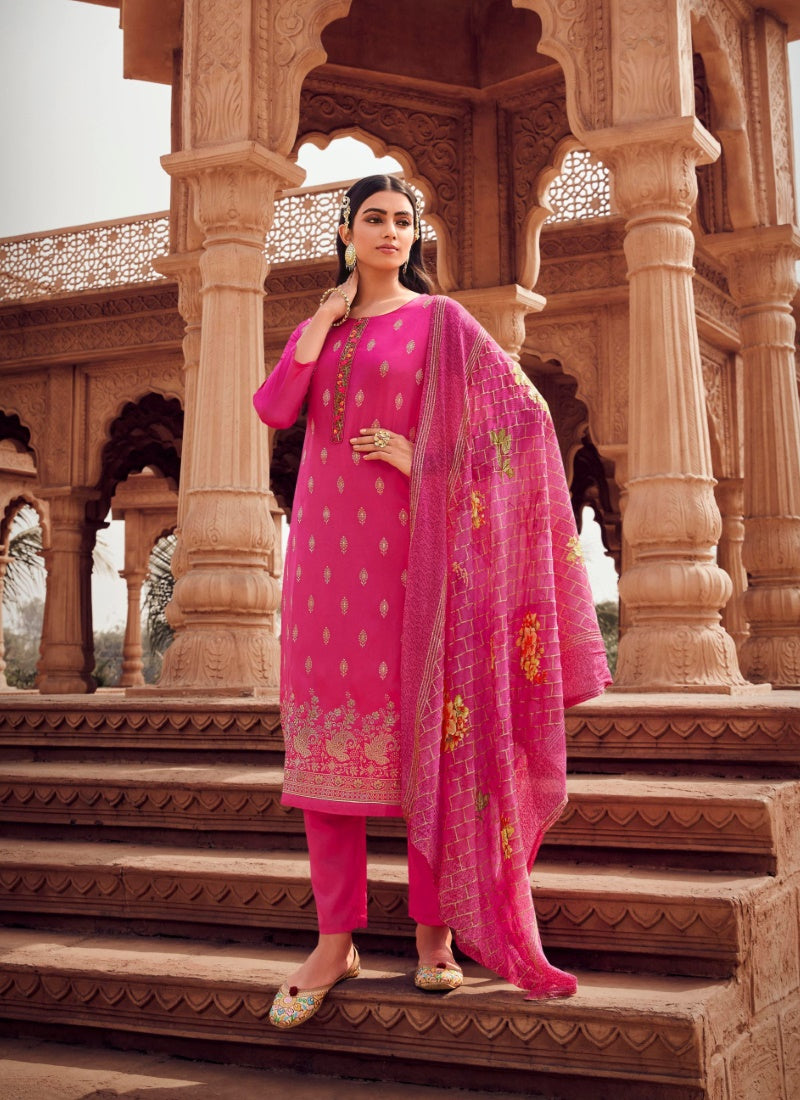 Magenta Jacquard Straight Cut Salwar Kameez