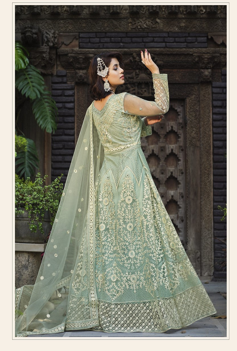 Aqua Green Net Abaya Suit with Embroidery and Stone Work-2