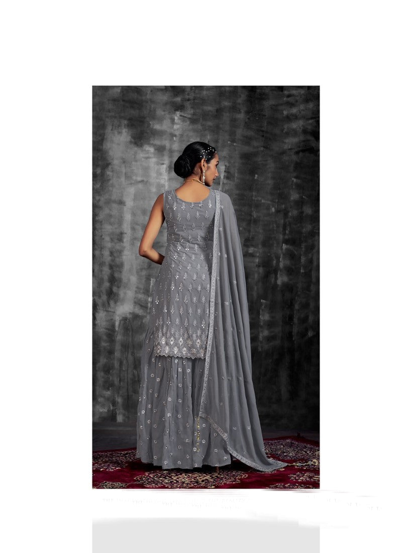 Dark Gray Georgette Sharara Suit with Mirror, Zari and Thread Work-2