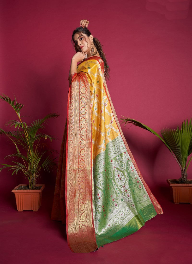 Yellow Kanjivaram Silk Saree With Contrast Border-2