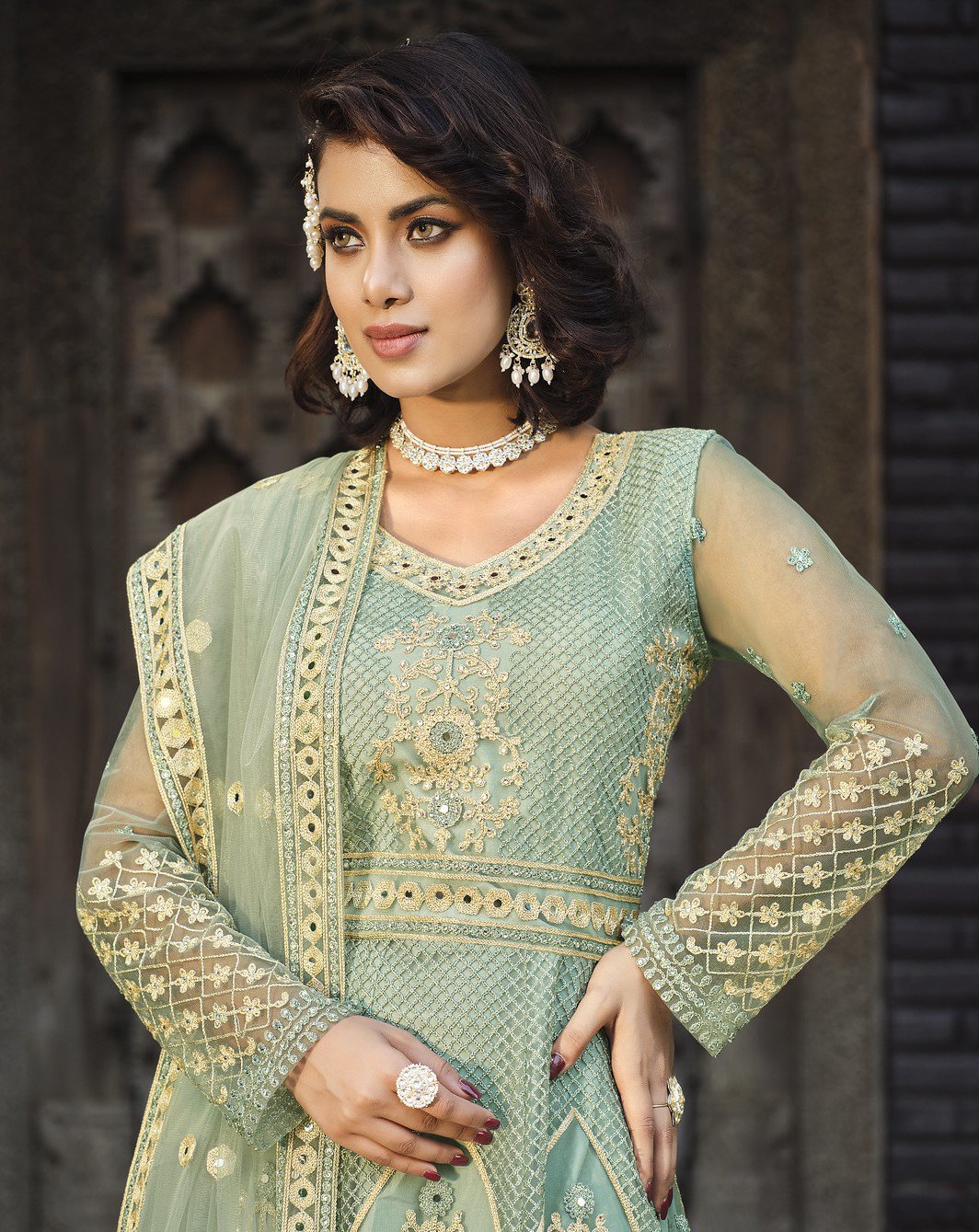 Aqua Green Net Abaya Suit with Embroidery and Stone Work-2