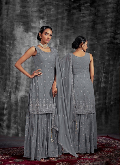 Gray Georgette Sharara Suit with Mirror, Zari and Thread Work-2