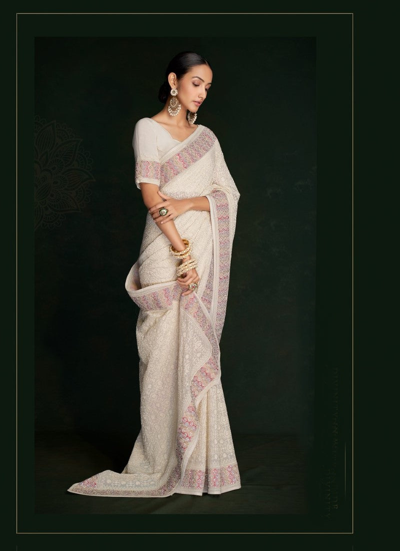 Off White Georgette Lucknowi Work Saree-2