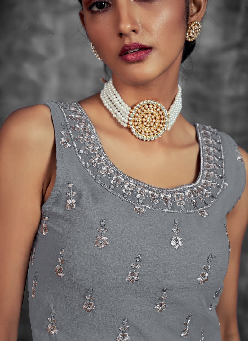 Gray Georgette Sharara Suit with Mirror, Zari and Thread Work-2