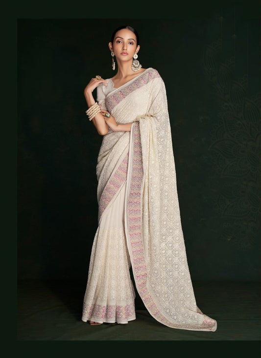 Off White Georgette Lucknowi Work Saree