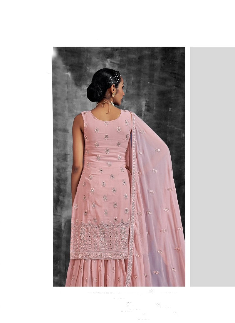 Pink Georgette Sharara Suit with Mirror, Zari and Thread Work-2