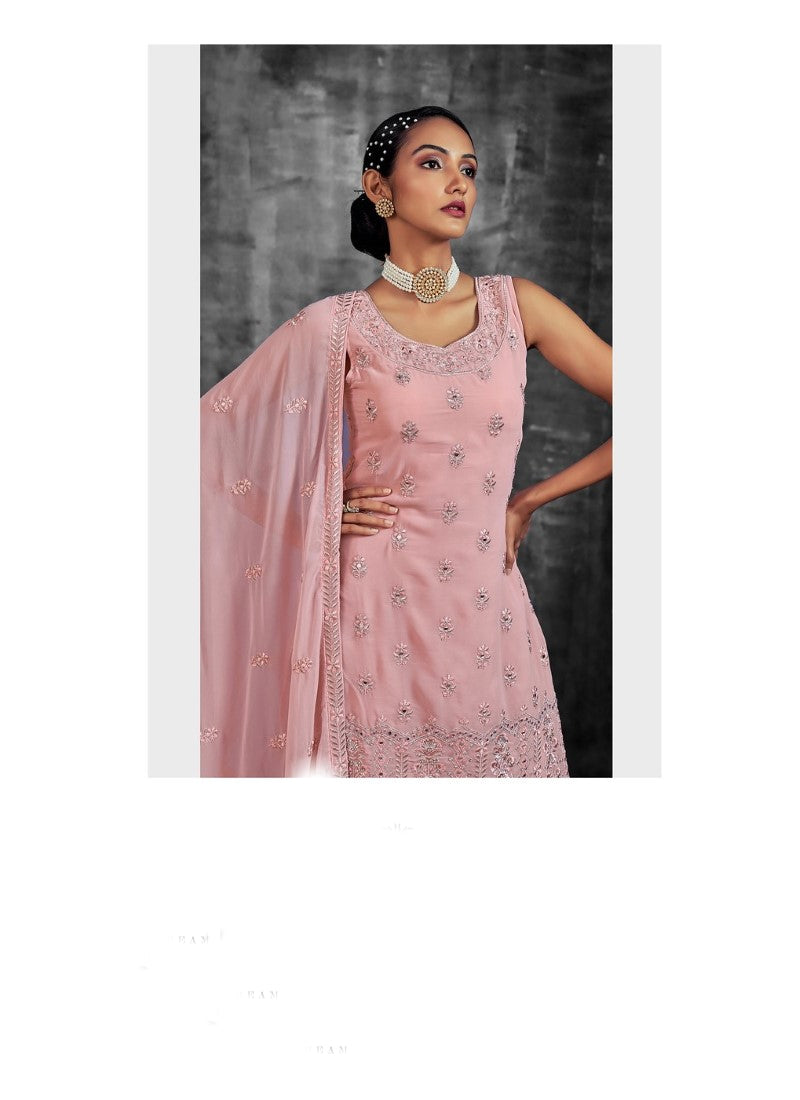 Pink Georgette Sharara Suit with Mirror, Zari and Thread Work-2