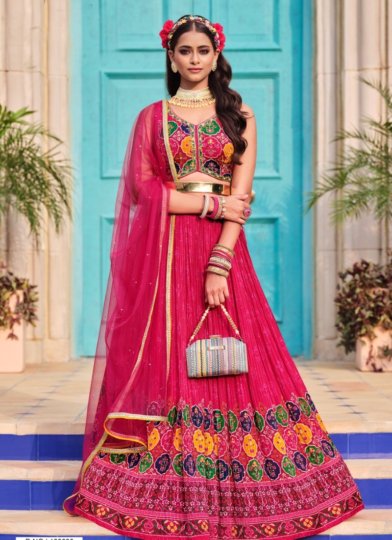 Magenta Chinon Lehenga Choli with Embroidery and Sequins Work