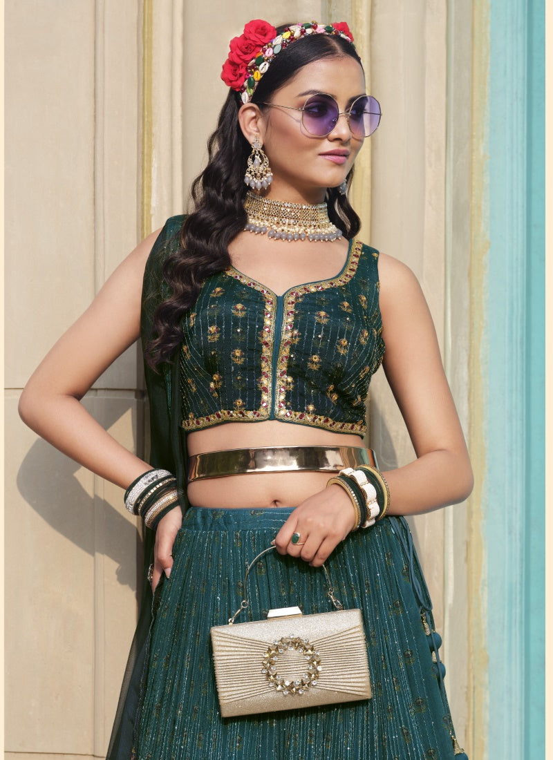 Green Chinon Lehenga Choli with Embroidery and Sequins Work-2