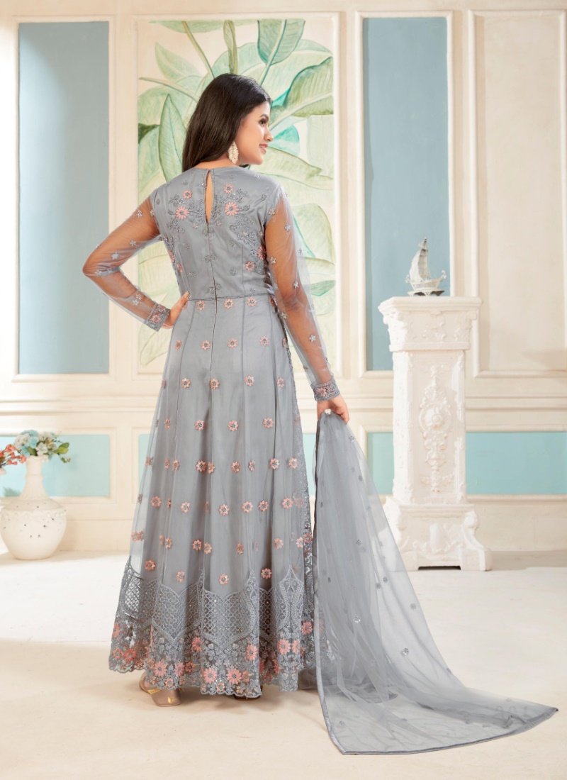 Gray Net Embroidered Anarkali Suit-2