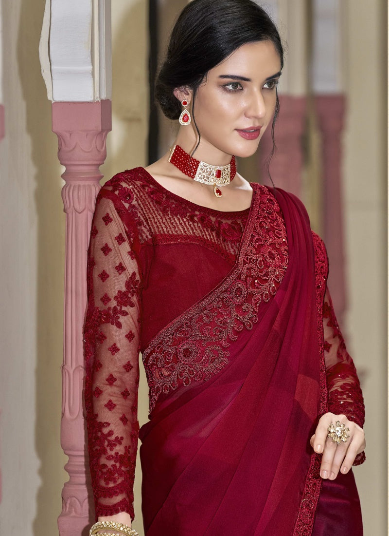 Red Silk Party Wear Saree-2