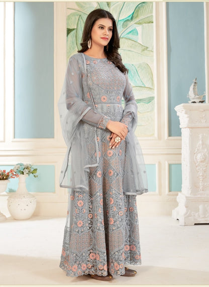 Gray Net Embroidered Anarkali Suit-2