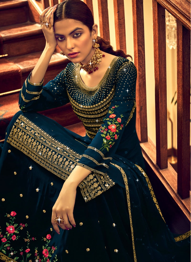 Blue Georgette Long Top Lehenga Choli-2