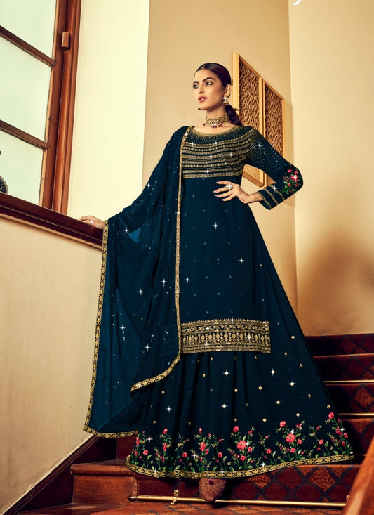 Blue Georgette Long Top Lehenga Choli