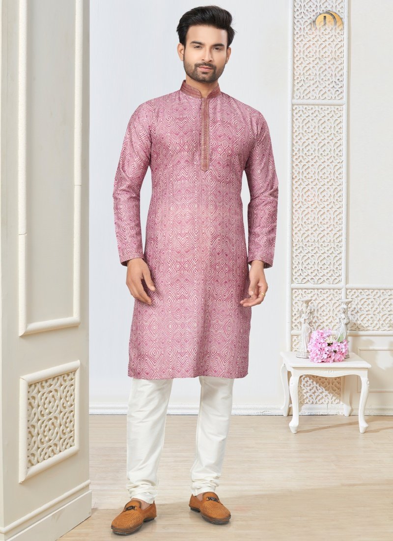 Pink Cotton Kurta Pajama With Collar Neck