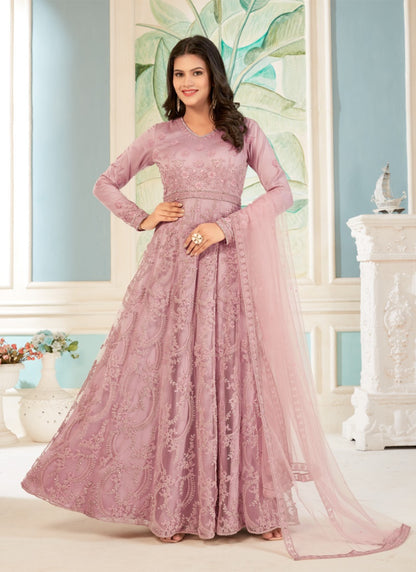 Pink Net Embroidered Anarkali Suit