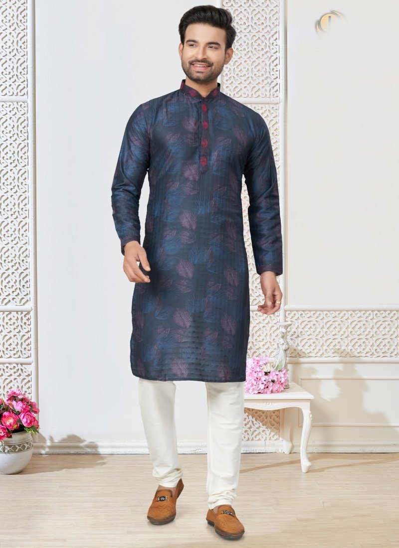 Blue Cotton Kurta Pajama With Collar Neck