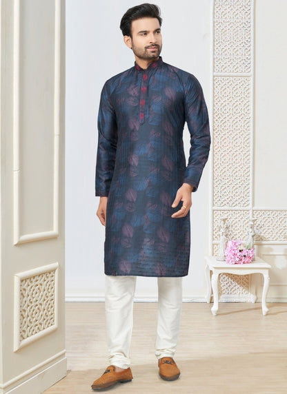 Blue Cotton Kurta Pajama With Collar Neck-2