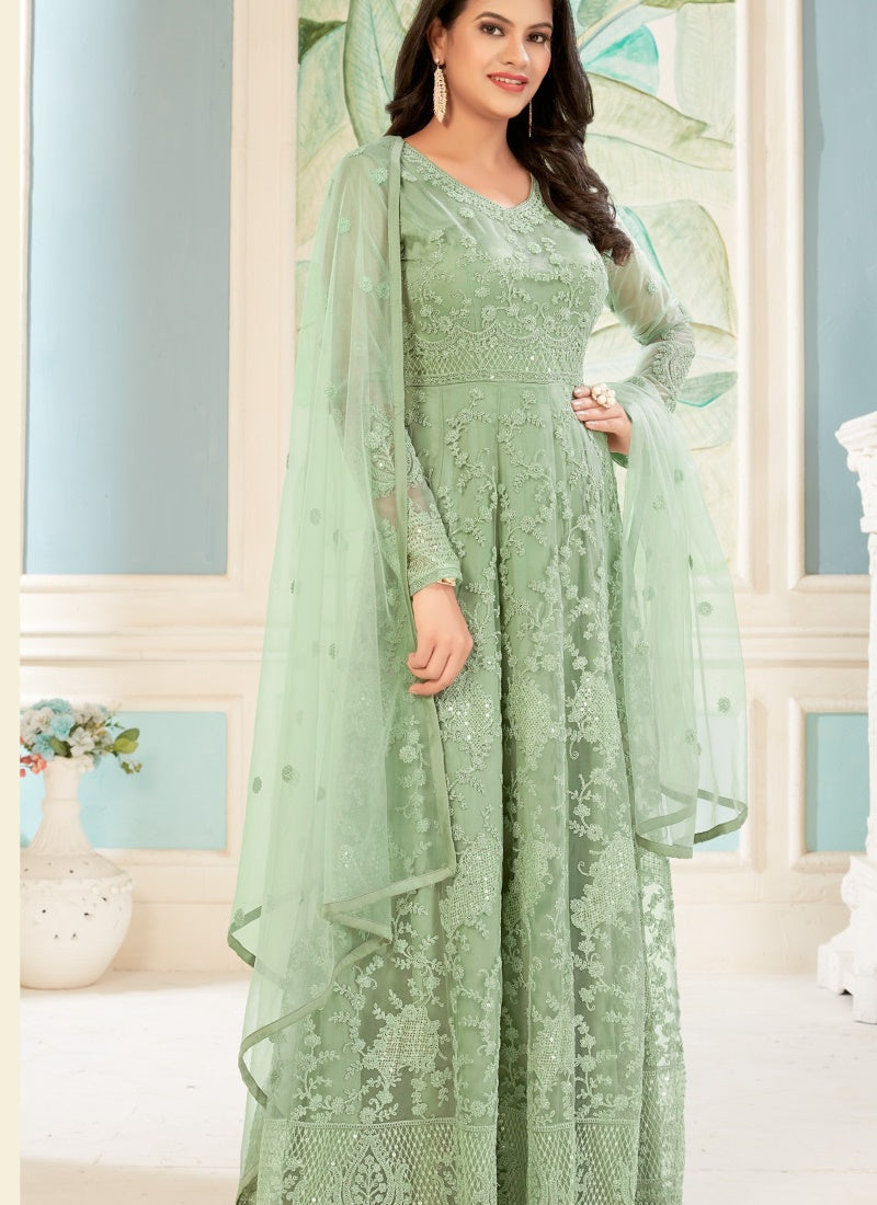 Pista Green Net Embroidered Anarkali Suit-2