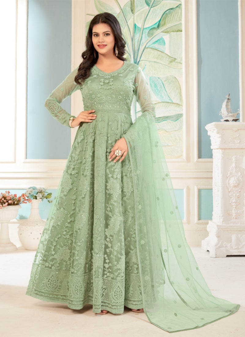 Pista Green Net Embroidered Anarkali Suit