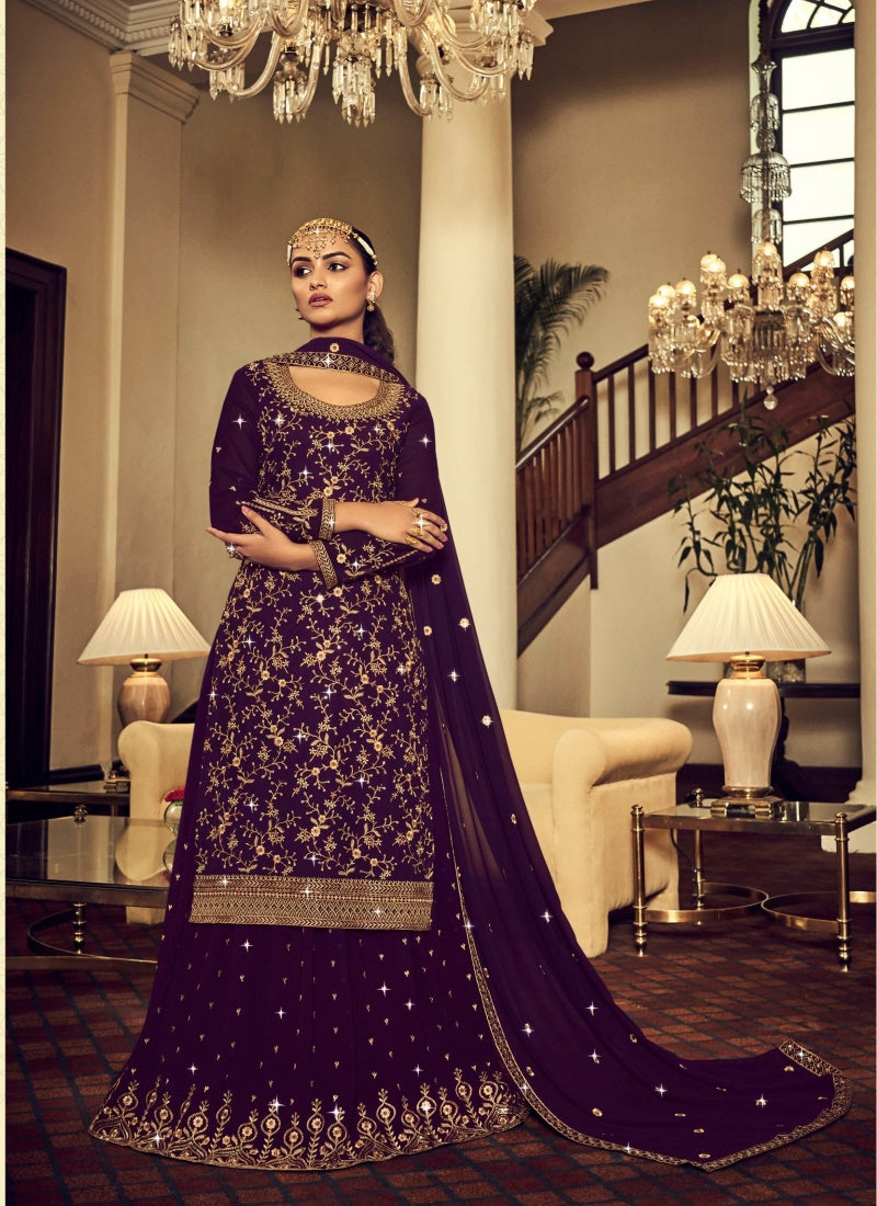 Purple Georgette Long Top Lehenga Choli