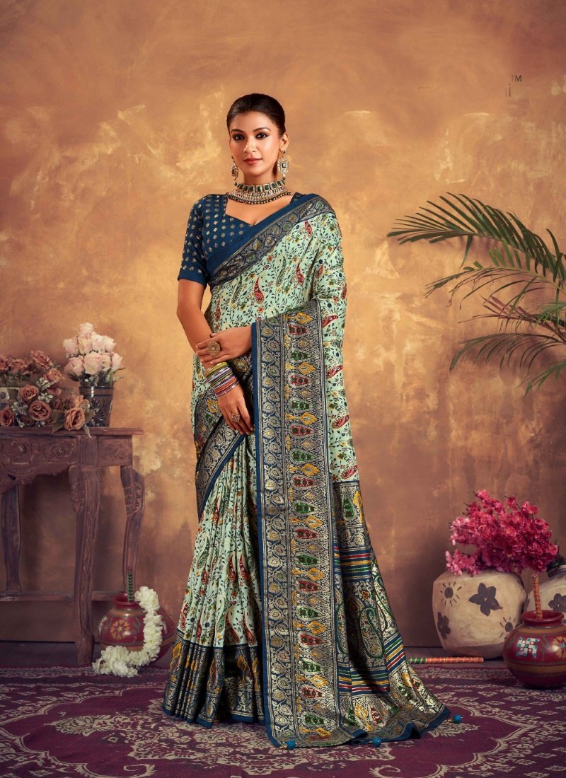 Pista Green Dola Silk Printed Saree