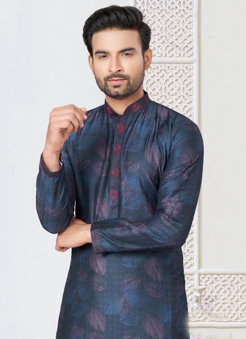 Blue Cotton Kurta Pajama With Collar Neck-2