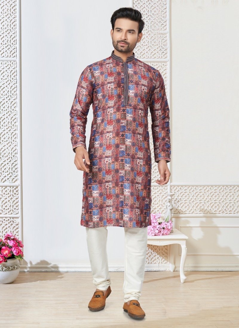 Multi Color Cotton Kurta Pajama With Collar Neck