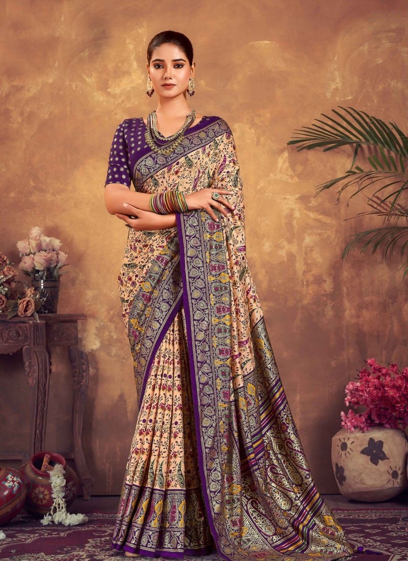 Light Yellow Dola Silk Printed Saree