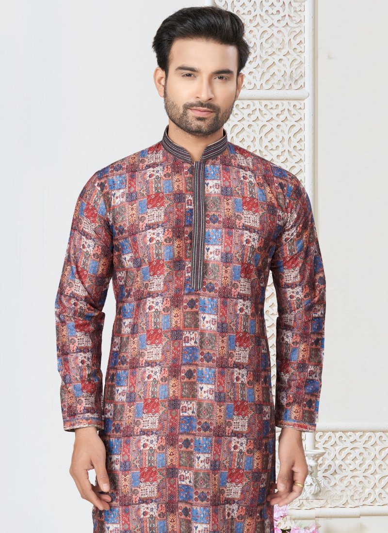 Multi Color Cotton Kurta Pajama With Collar Neck-2