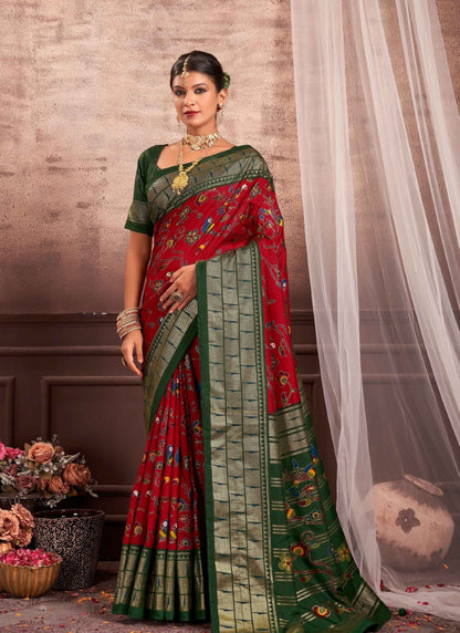 Red Dola Silk Printed Saree