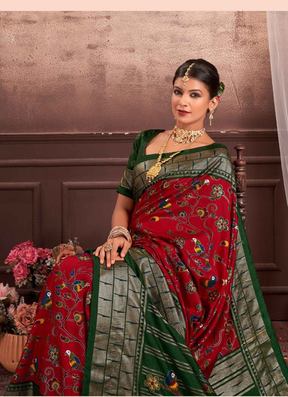 Red Dola Silk Printed Saree-2