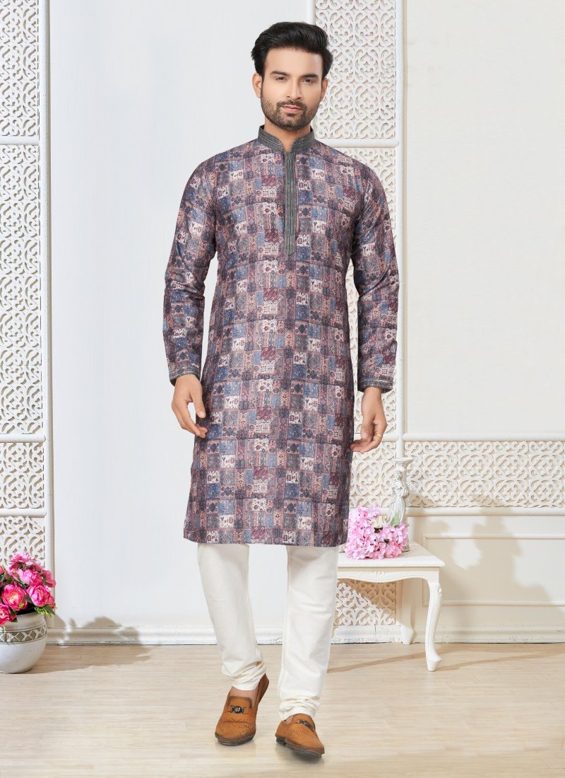 Blue Cotton Kurta Pajama With Collar Neck