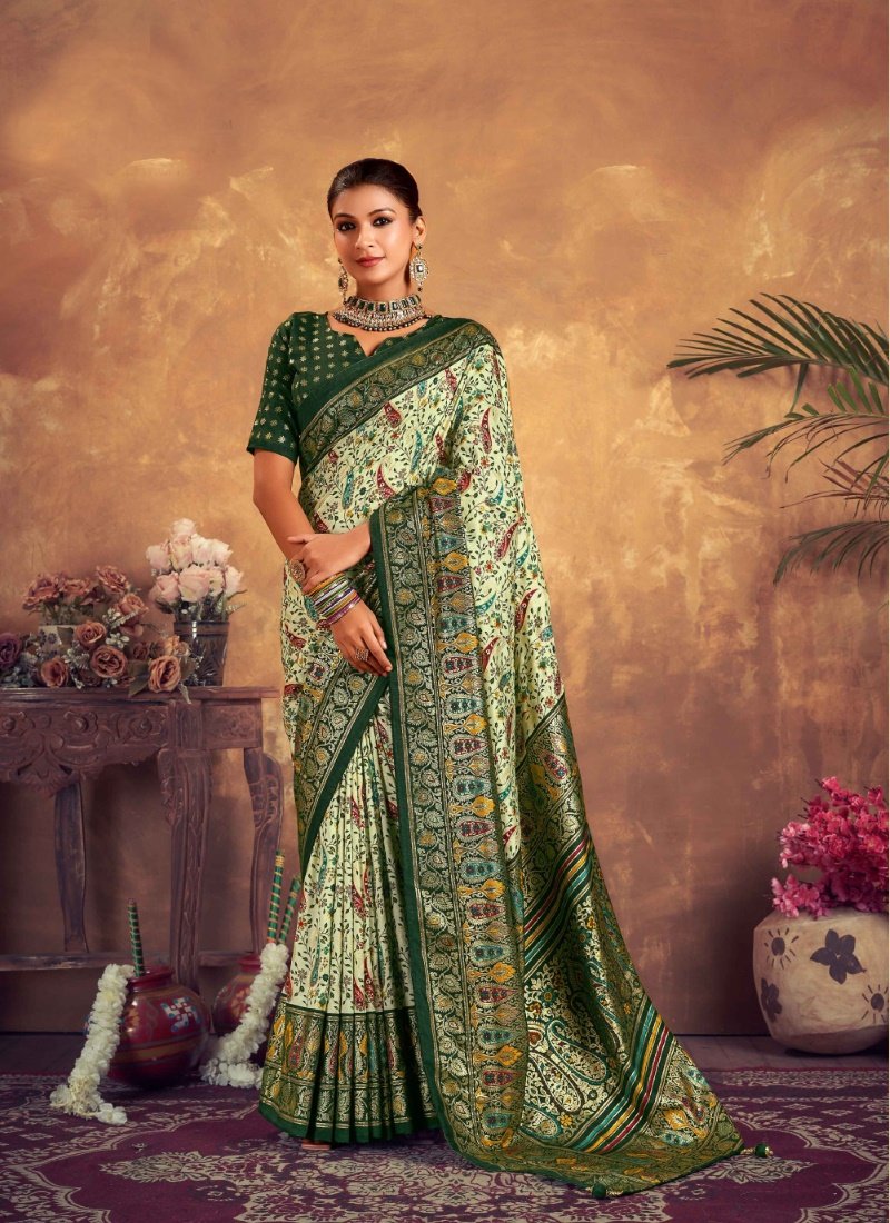 Pista Green Dola Silk Printed Saree