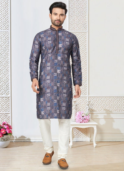 Blue Cotton Kurta Pajama With Collar Neck