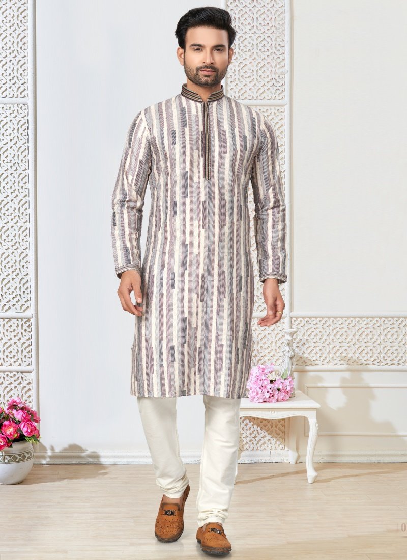 Off White Cotton Kurta Pajama With Collar Neck