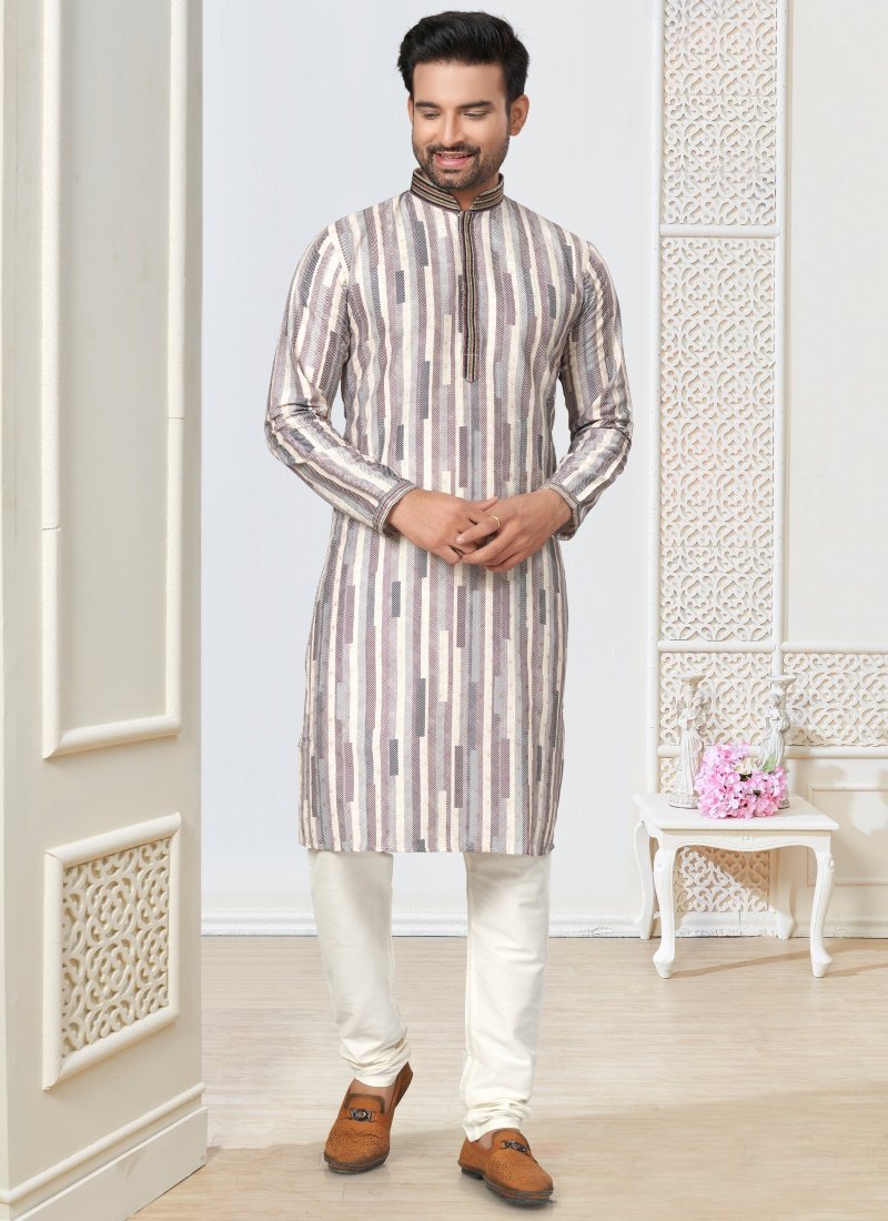 Off White Cotton Kurta Pajama With Collar Neck-2