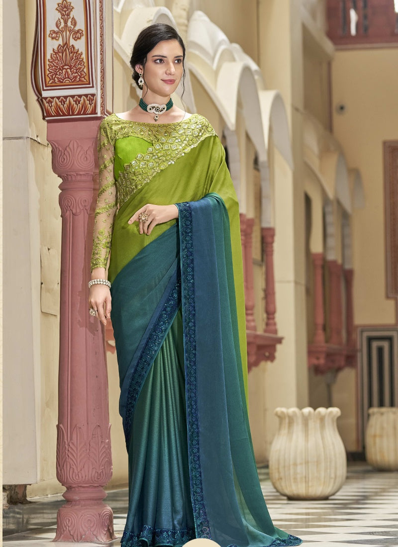 Green and Blue Silk Party Wear Half & Half Saree